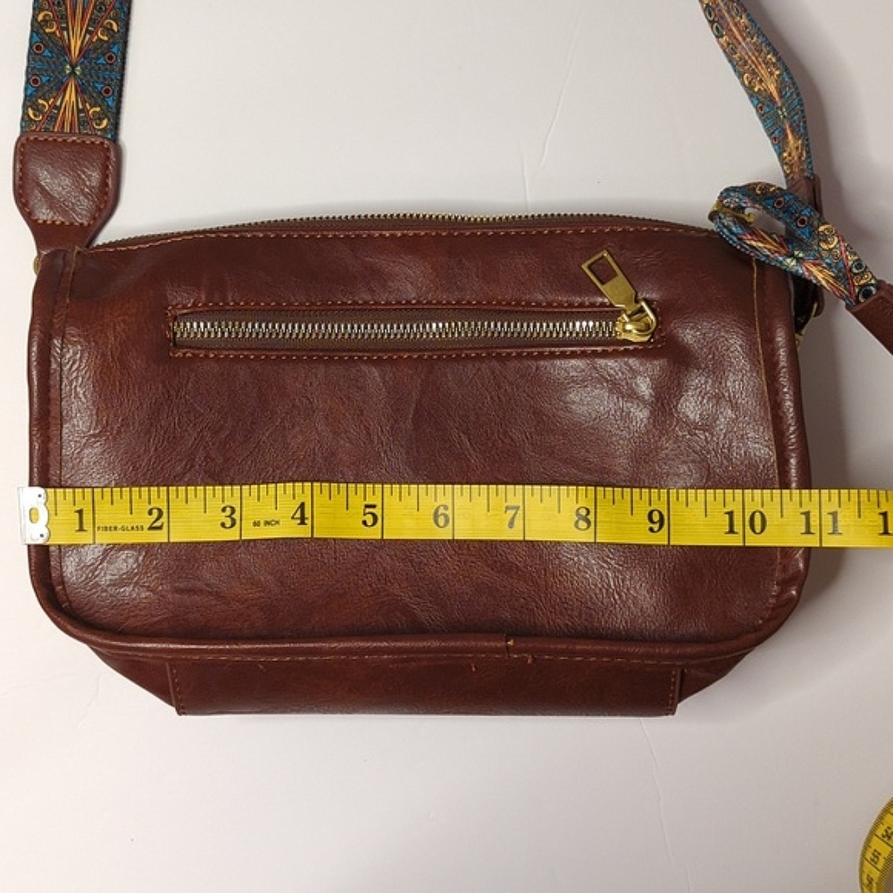 Brown Faux Leather Shoulder Bag with Retro Patterned Strap, Tribal, Aztec,Guitar - Picture 7 of 12